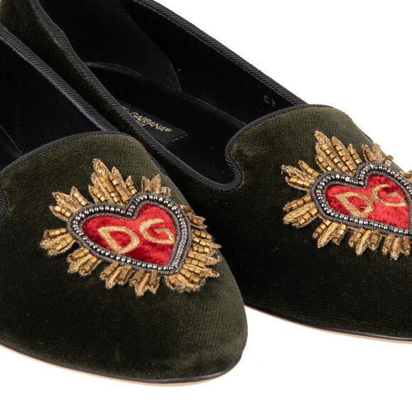 Dolce & Gabbana - Pearl Sacred Heart Embroidered Velvet Ballet Flats AUDREY Gree - Picture 2 of 5